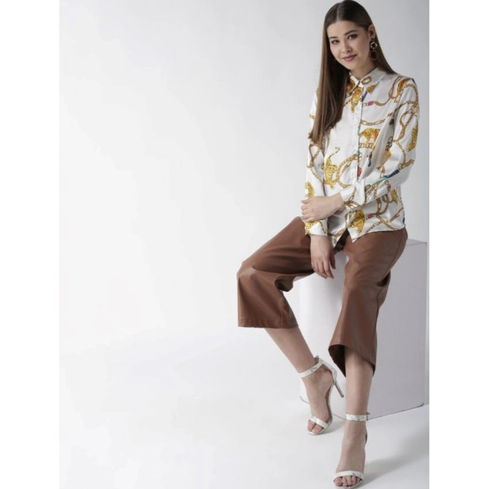 Women's Satin Printed Long Sleeves Shirt (White-Gold)