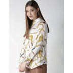 Women's Satin Printed Long Sleeves Shirt (White-Gold)