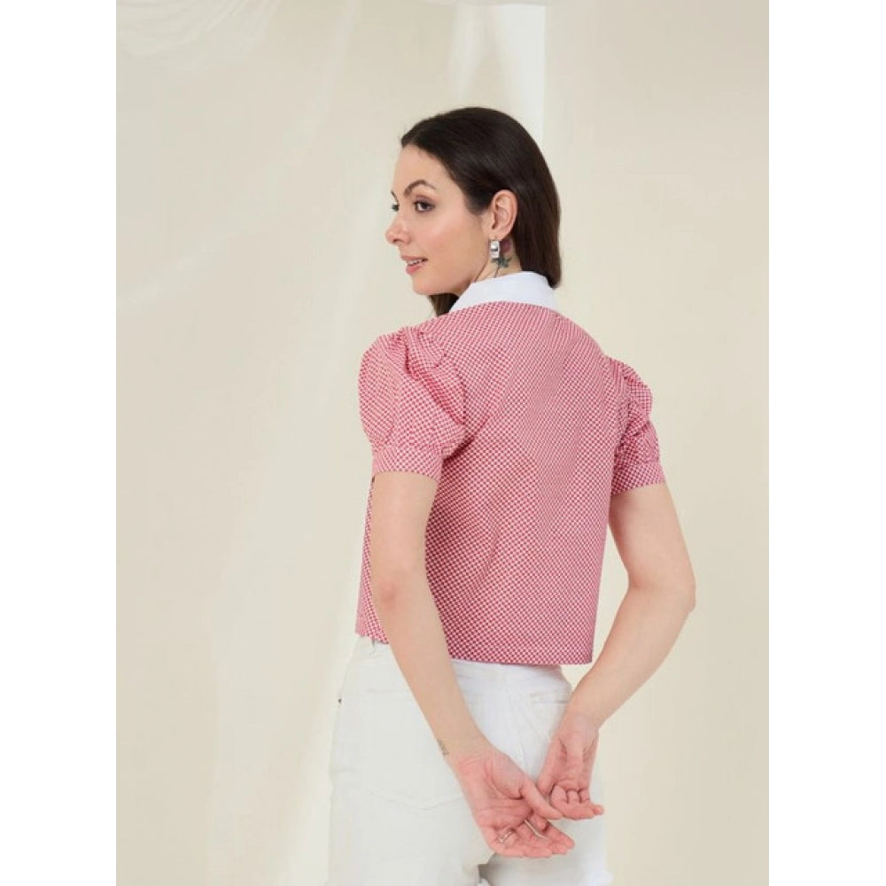 Women's Cotton Checkered Half Sleeve Shirt (Red - White)