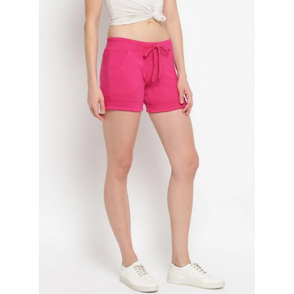 Women's Cotton Solid Elasticated Shorts (Pink)