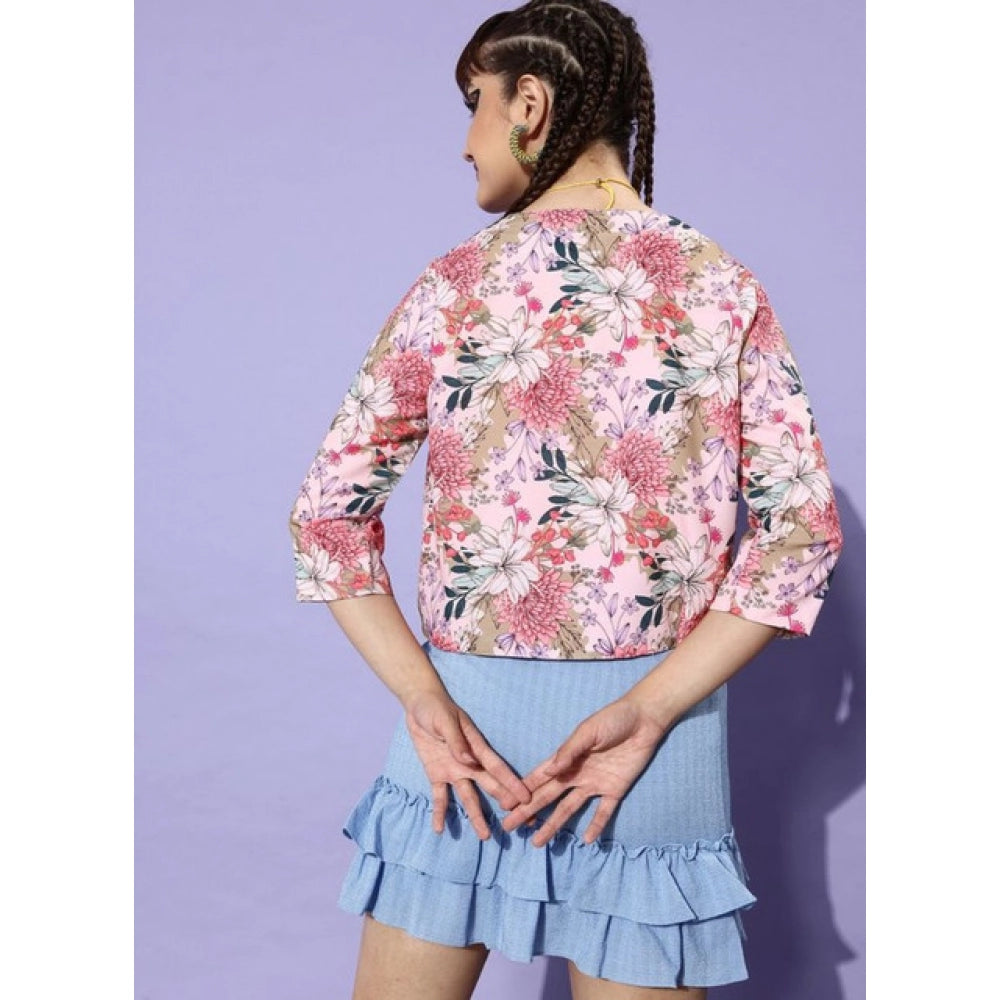 Women's Polyester Floral 3-4th Sleeves Shrug (Peach)