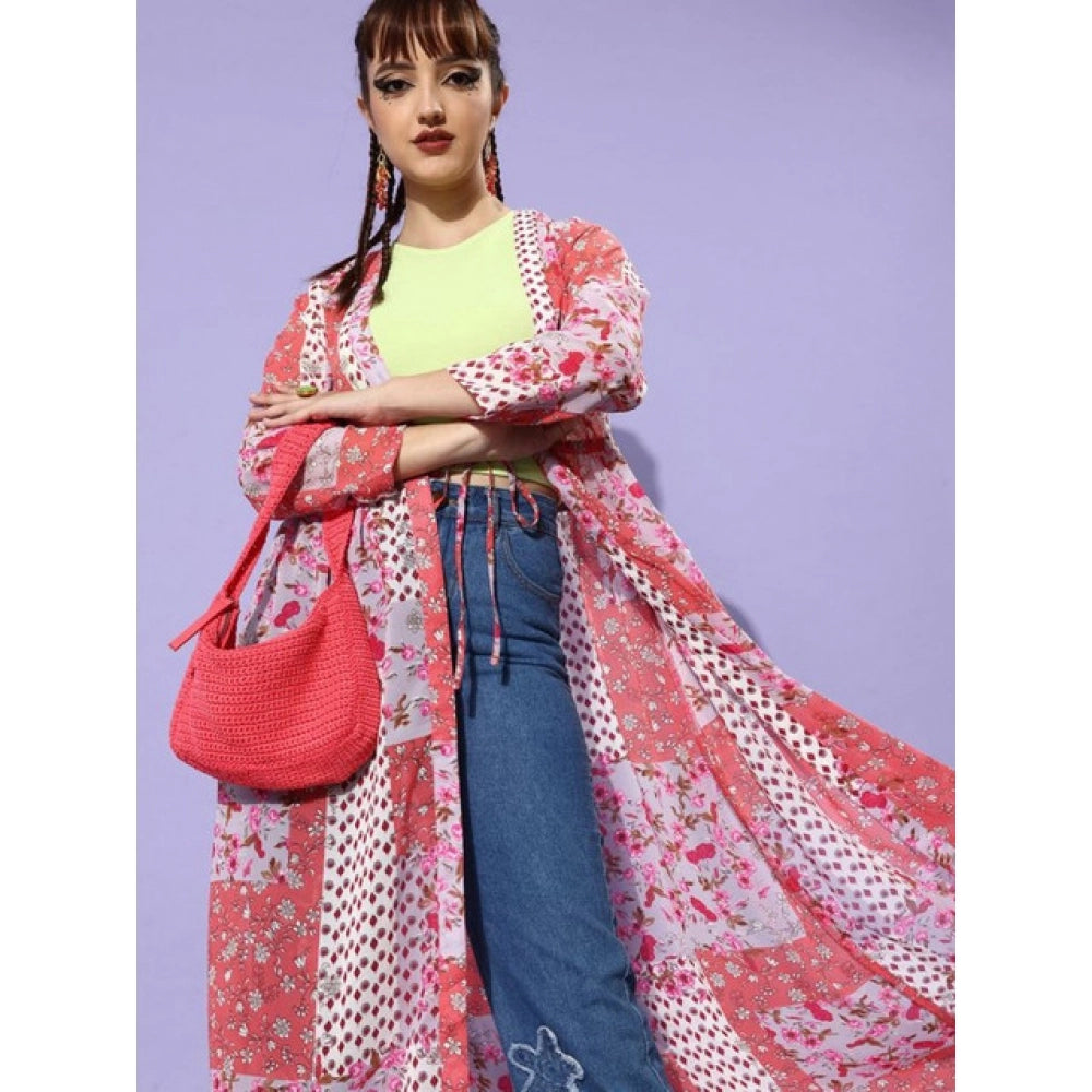 Women's Polyester Floral Long Sleeves Shrug (Pink-Coral)