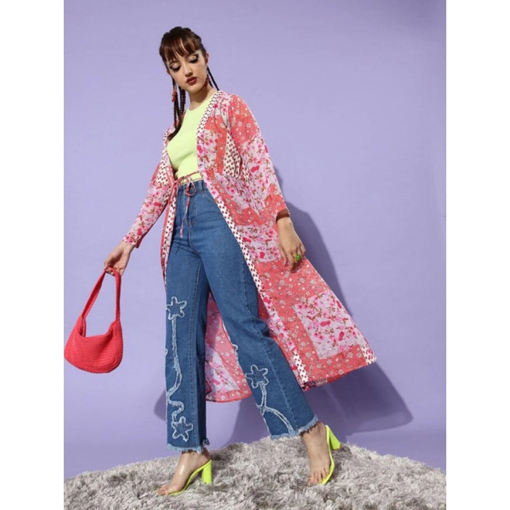 Women's Polyester Floral Long Sleeves Shrug (Pink-Coral)