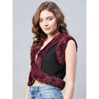 Women's Denim And Fur Solid Sleeveless Shrug (Black - Maroon)