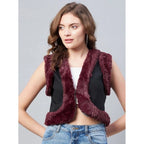 Women's Denim And Fur Solid Sleeveless Shrug (Black - Maroon)