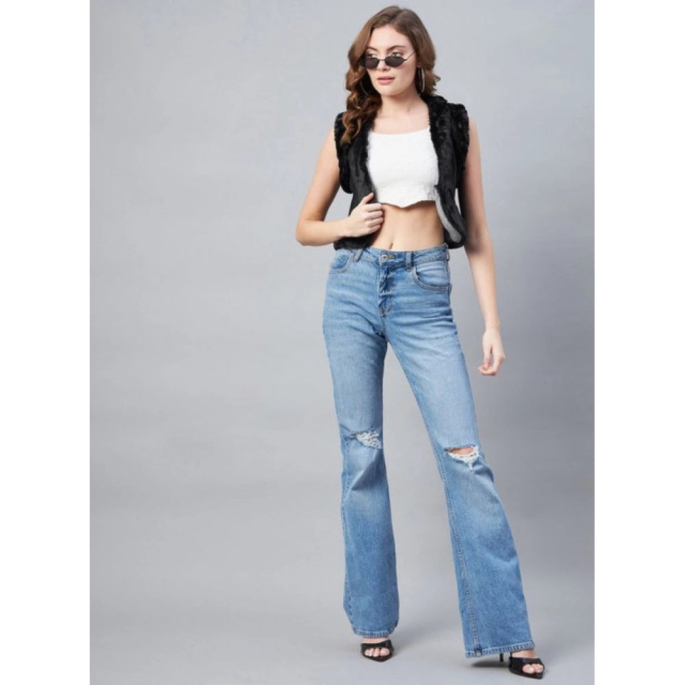 Women's Denim And Fur Solid Sleeveless Shrug (Black)