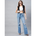 Women's Denim And Fur Solid Sleeveless Shrug (Black)