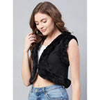 Women's Denim And Fur Solid Sleeveless Shrug (Black)