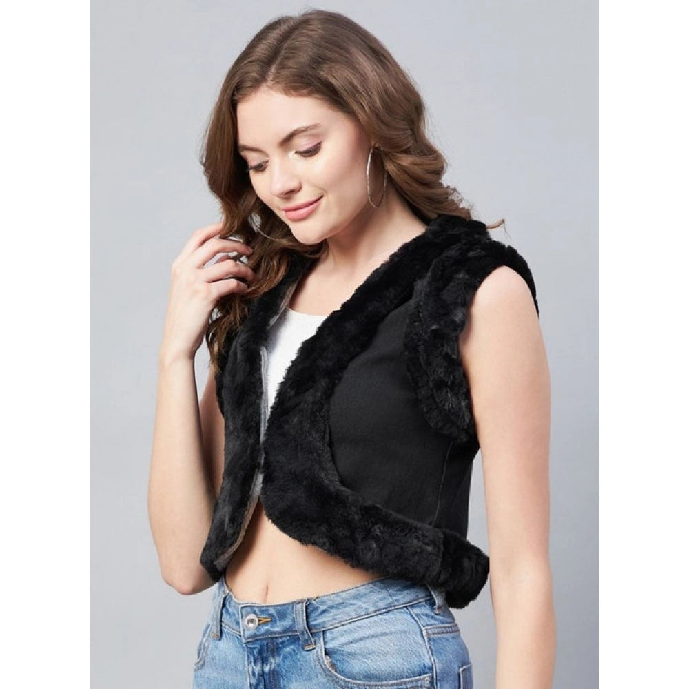 Women's Denim And Fur Solid Sleeveless Shrug (Black)