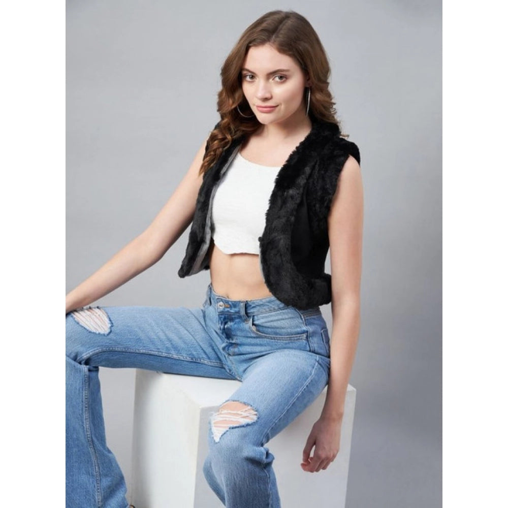 Women's Denim And Fur Solid Sleeveless Shrug (Black)