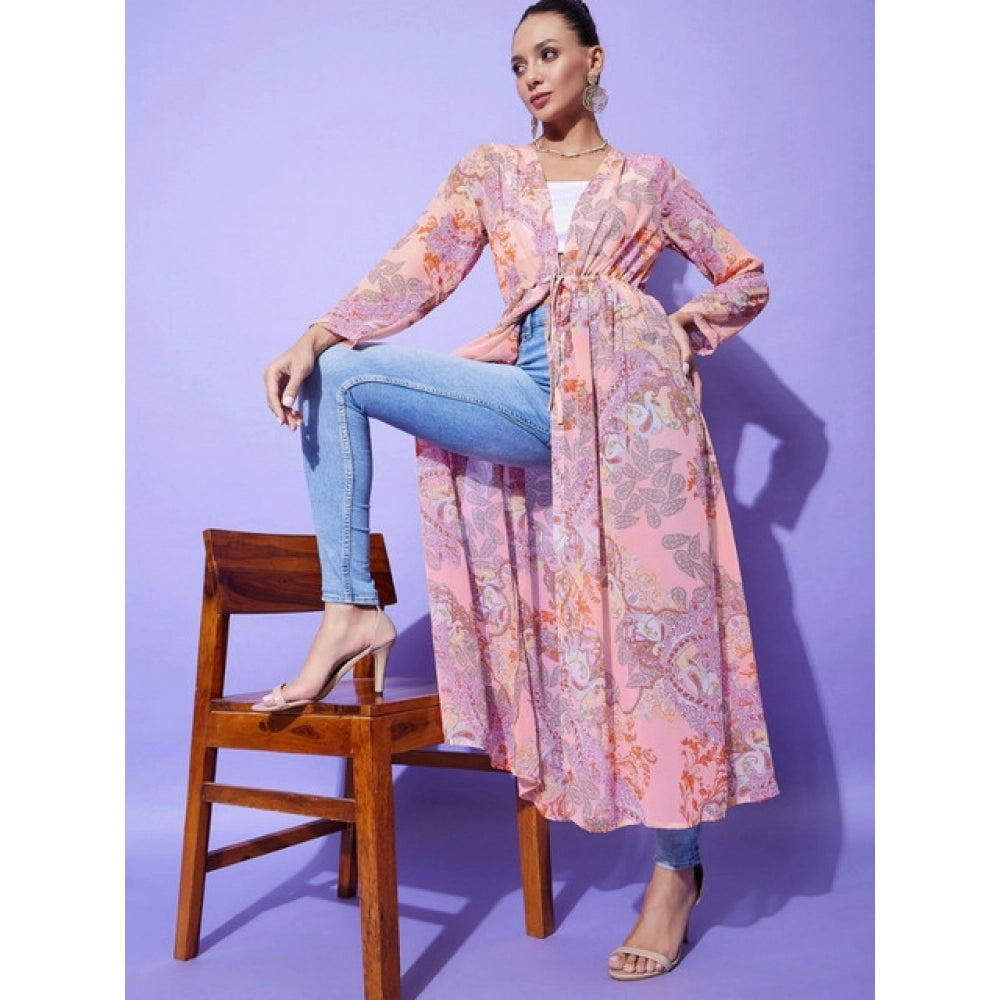 Women's Polyester Floral Long Sleeves Shrug (Peach)