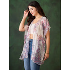 Women's Chiffon Printed Short Sleeves Shrug (White - Purple)