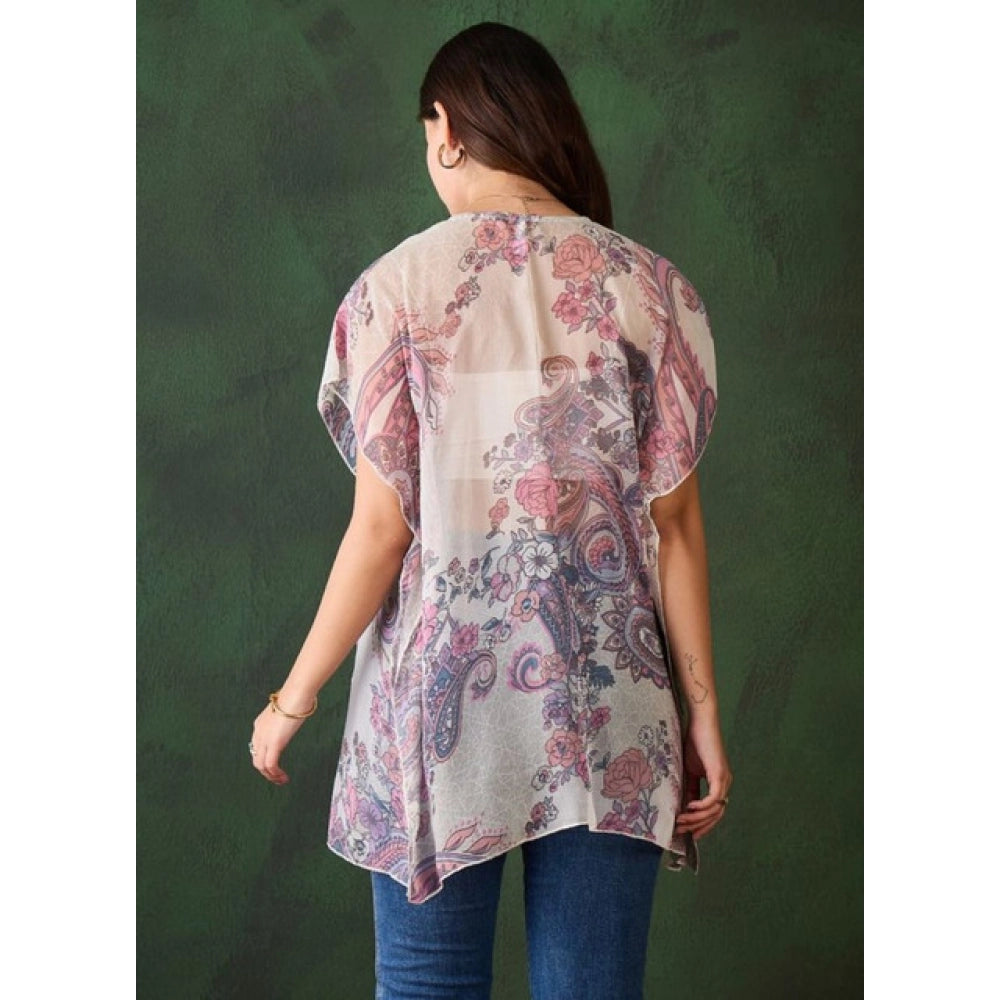 Women's Chiffon Printed Short Sleeves Shrug (White - Purple)