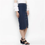 Women's Denim Front Button Buttoned Skirt (Blue)