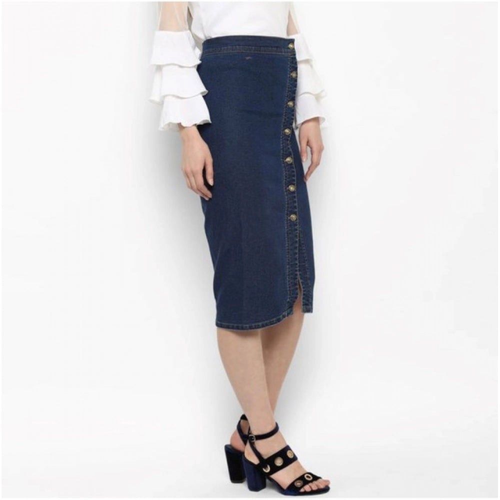 Women's Denim Front Button Buttoned Skirt (Blue)