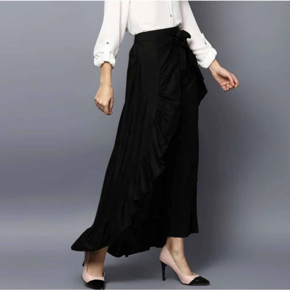 Women's Rayon Ruffled Elasticated Skirt (Black)