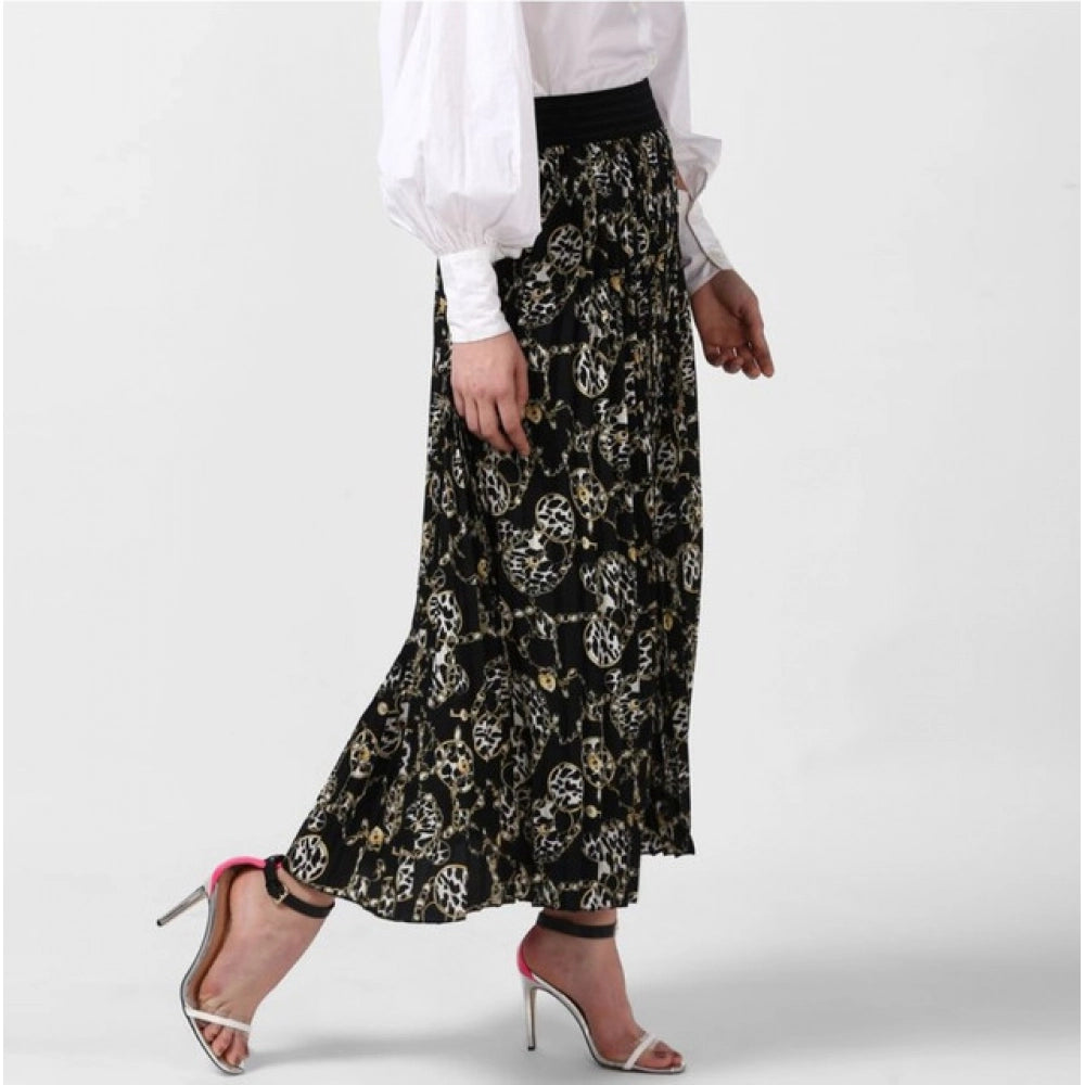 Women's Georgette Chain Print Elasticated Skirt (Black-Cream)