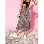 Women's Polyester Floral Side Zip Skirt (Grey - Coral)
