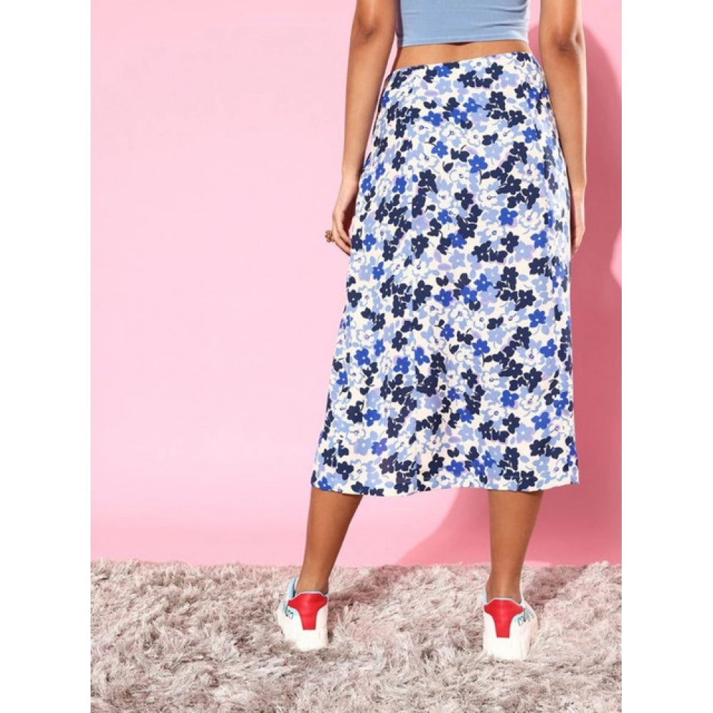 Women's Polyester Floral Side Zip Skirt (Blue - White)