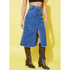 Women's Denim Solid Buttoned Skirt (Blue)