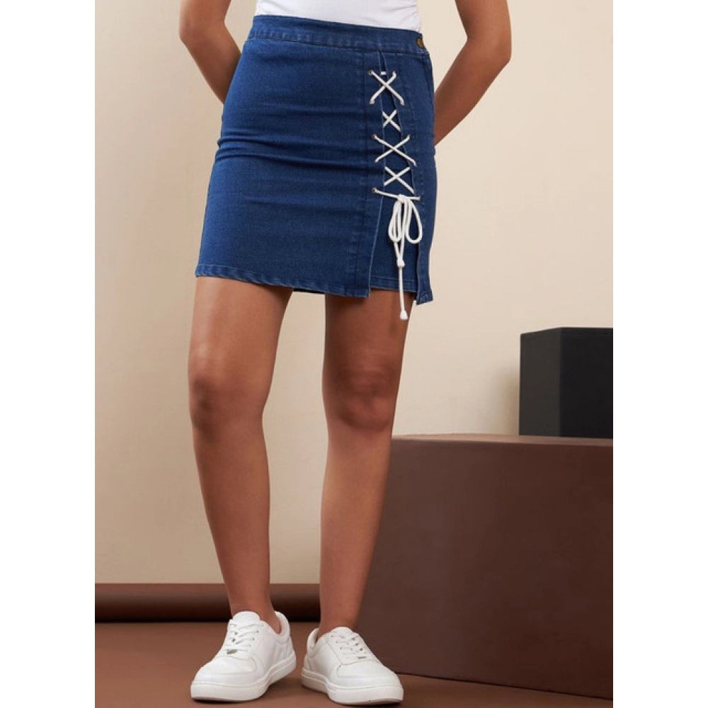 Women's Denim Lycra Solid Button Skirt (Blue)
