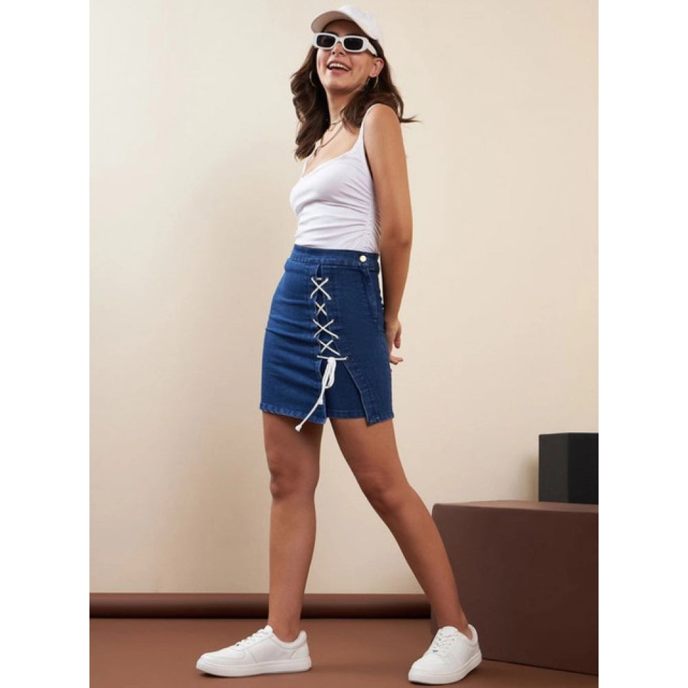 Women's Denim Lycra Solid Button Skirt (Blue)