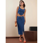Women's Denim Lycra Solid Button Skirt (Blue)