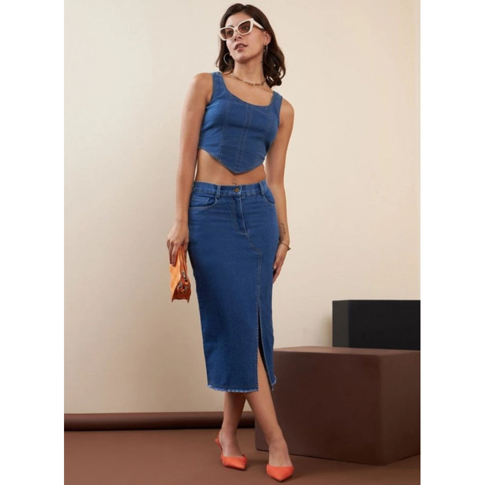 Women's Denim Lycra Solid Button Skirt (Blue)