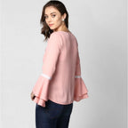 Women's Polyester Solid Bell Sleeve Top (Pink)