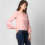 Women's Polyester Solid Bell Sleeve Top (Pink)