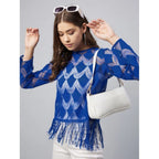 Women's Lace Self Design Long Sleeves Top (Blue)
