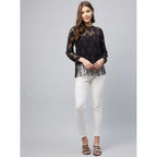 Women's Lace Self Design Short Sleeve Top (Black)