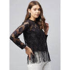 Women's Lace Self Design Short Sleeve Top (Black)