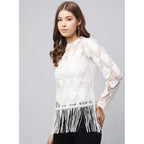 Women's Lace Self Design Short Sleeve Top (White)