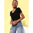 Women's Polyester Lycra Solid Short Sleeve Top (Black)