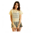 Women's Polyester Lace Self Design Short Sleeve Top (Yellow)