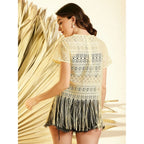Women's Polyester Lace Self Design Short Sleeve Top (Yellow)