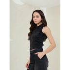 Women's Denim Lycra Solid Sleeveless Top (Black)