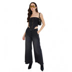 Women's Denim Lycra Solid Sleeveless Top (Black)