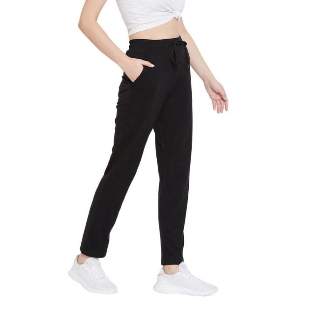 Women's Cotton Solid Elasticated Track Pants (Black)