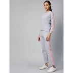 Women's Cotton Solid Long Sleeves Tracksuit (Light Grey - Pink)