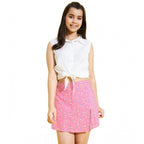 Girl's Polyester Lurex Printed Sleeveless Skorts Set (White-Pink)