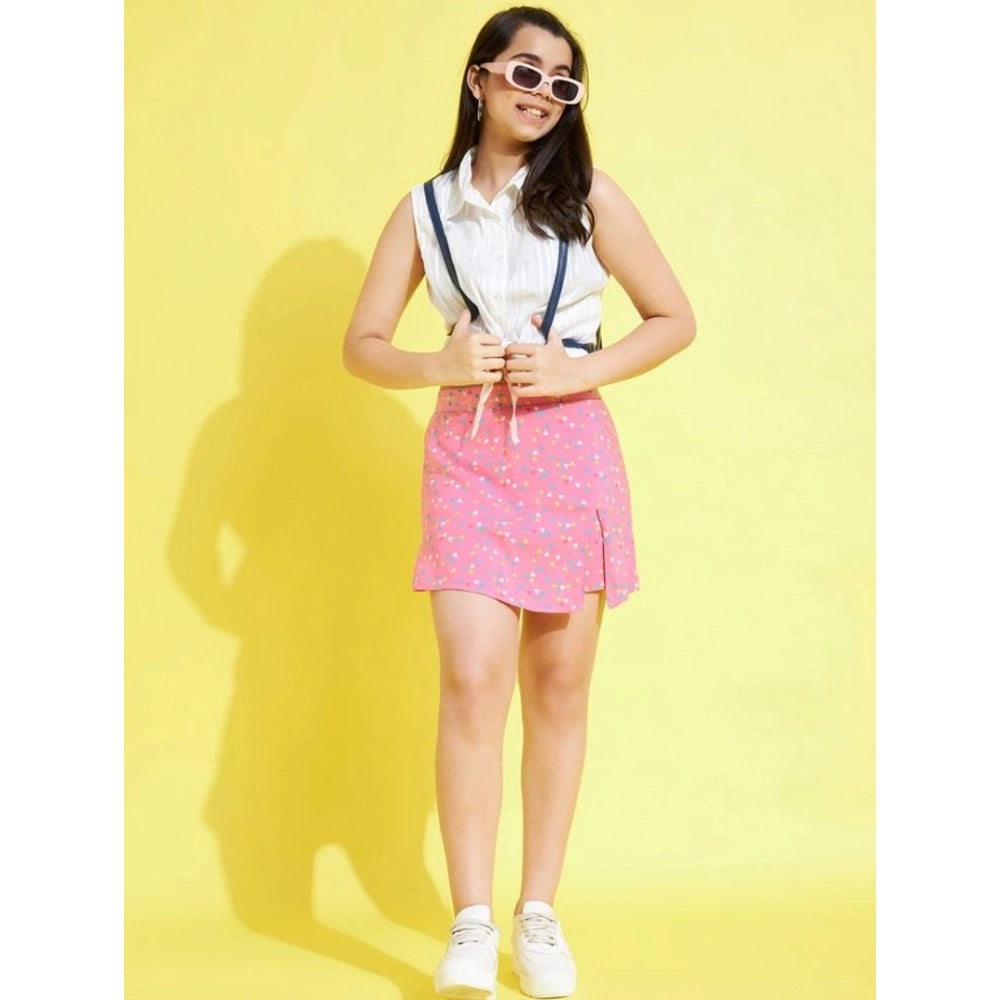 Girl's Polyester Lurex Printed Sleeveless Skorts Set (White-Pink)
