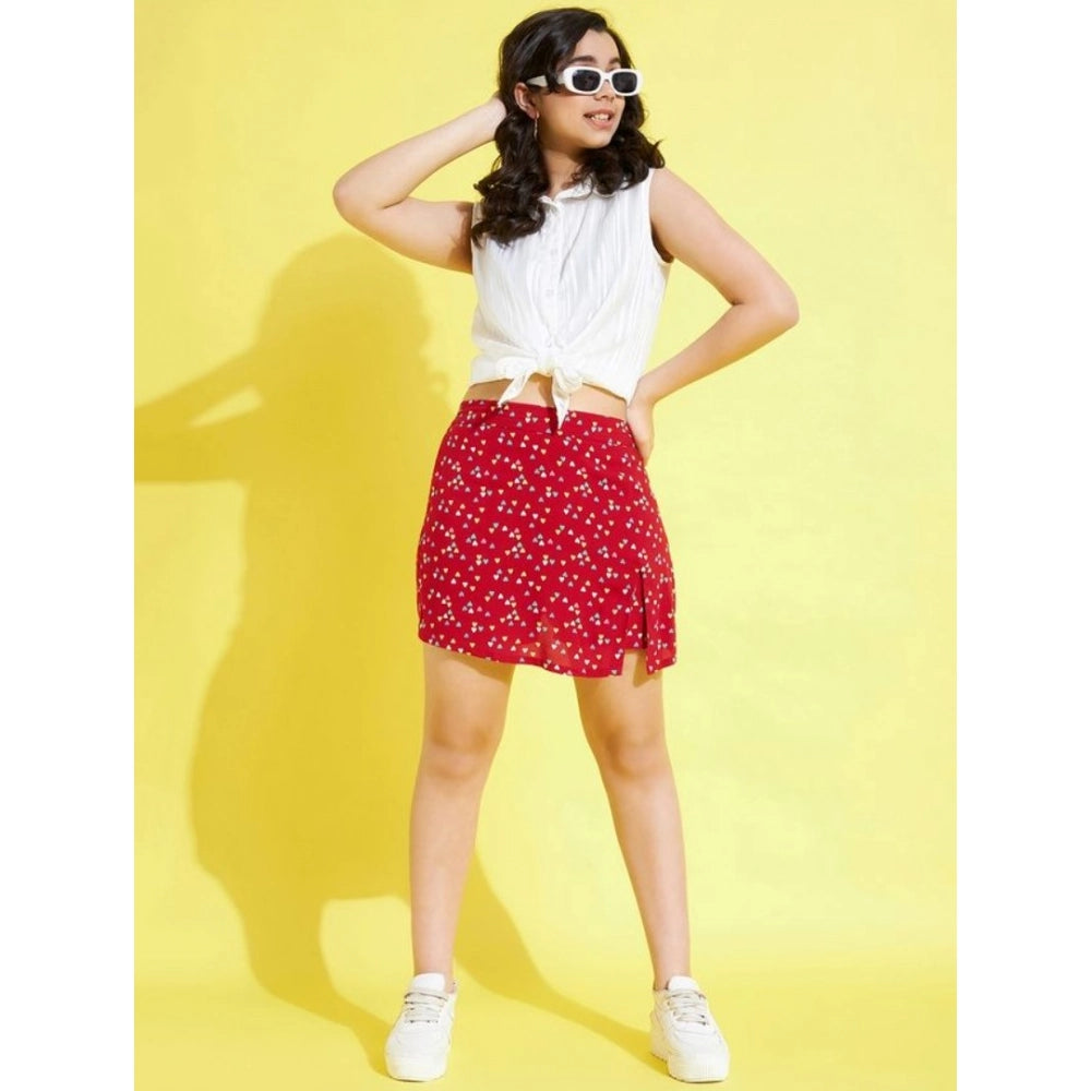 Girl's Polyester Lurex Printed Sleeveless Skorts Set (White-Red)