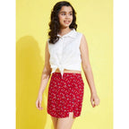 Girl's Polyester Lurex Printed Sleeveless Skorts Set (White-Red)