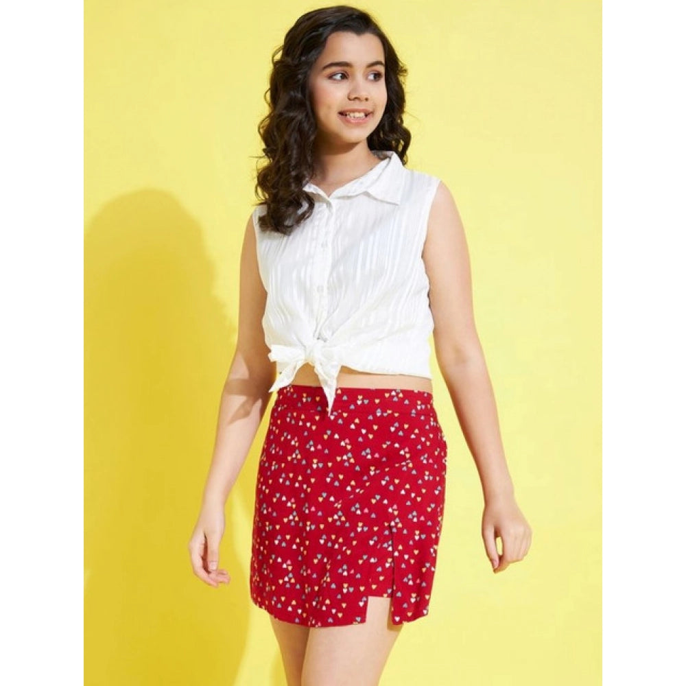 Girl's Polyester Lurex Printed Sleeveless Skorts Set (White-Red)