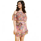 Girl's Polyester Lurex Floral Shoulder Straps Top and Skirt Set (Peach-Multicolor)