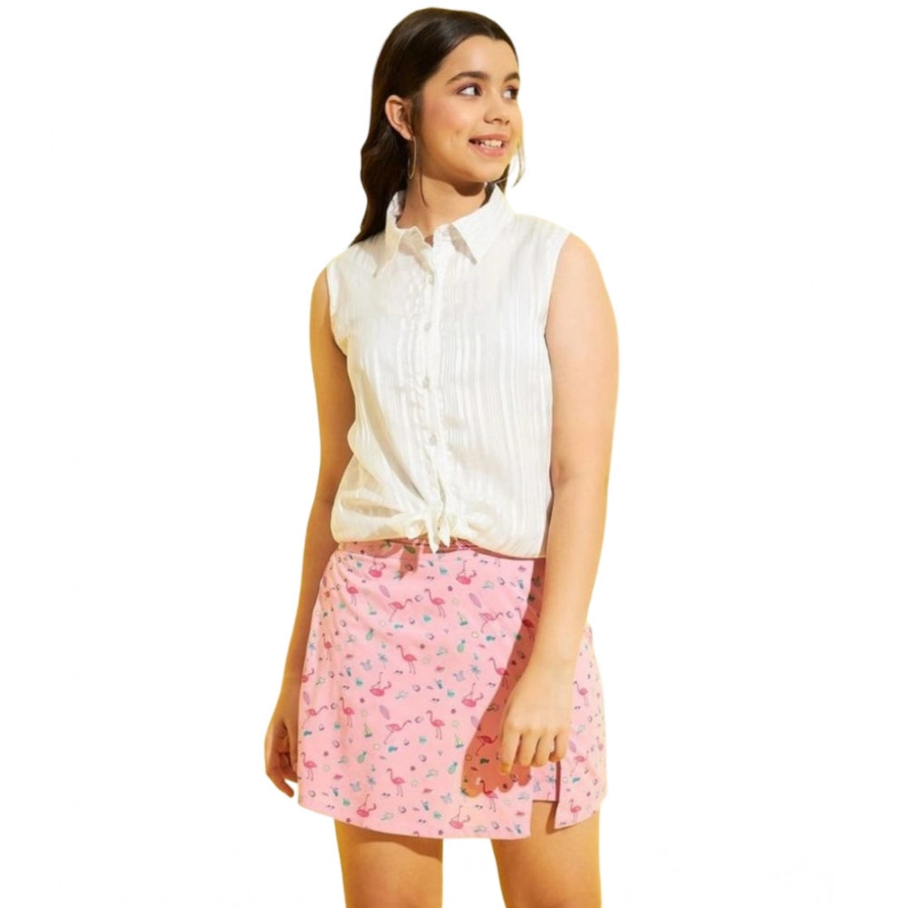 Girl's Polyester Lurex Printed Sleeveless Top Set (Pink-White)