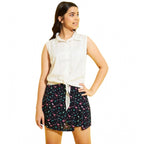 Girl's Polyester Lurex Printed Sleeveless Top Set (White-Navy)