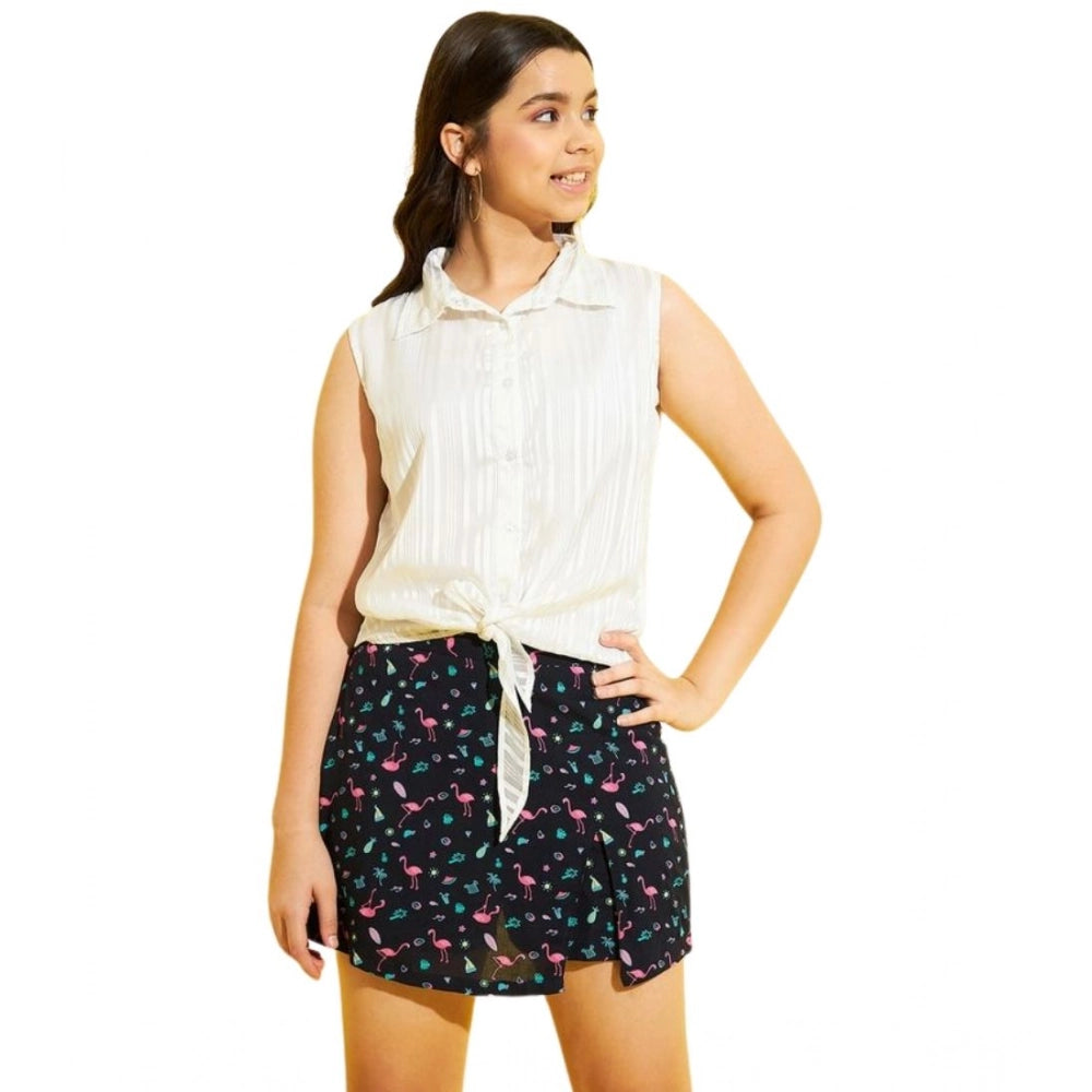 Girl's Polyester Lurex Printed Sleeveless Top Set (White-Navy)
